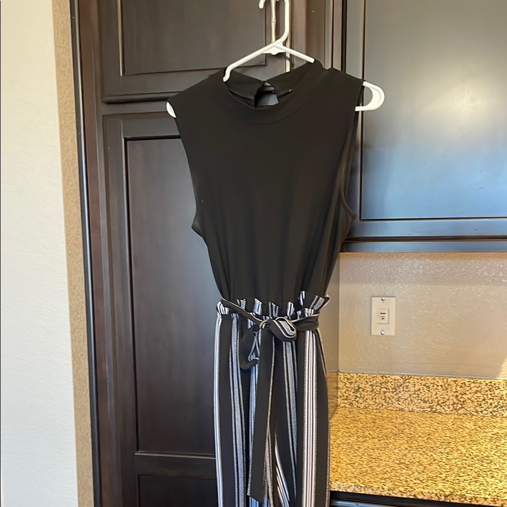 Black Sleeveless Jumpsuit with Striped Belt